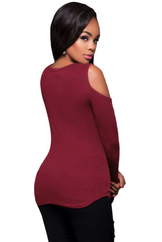 Burgundy Long Sleeve Cut-out Shoulder Ribbed Top