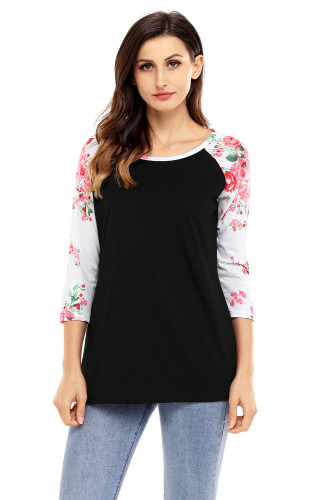 Red Print Floral Raglan Sleeve Black Top