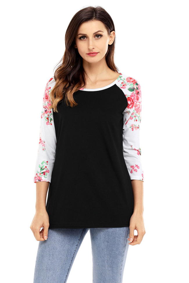 Red Print Floral Raglan Sleeve Black Top