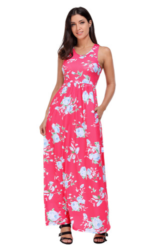 Fuchsia Floral Print Sleeveless Long Boho Dress
