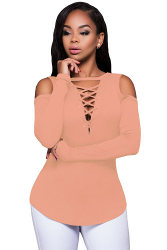 Pink Long Sleeve Cut-out Shoulder Ribbed Top