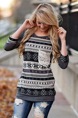 Grey Raglan Sleeve Lace Pocket Detail Printed Top