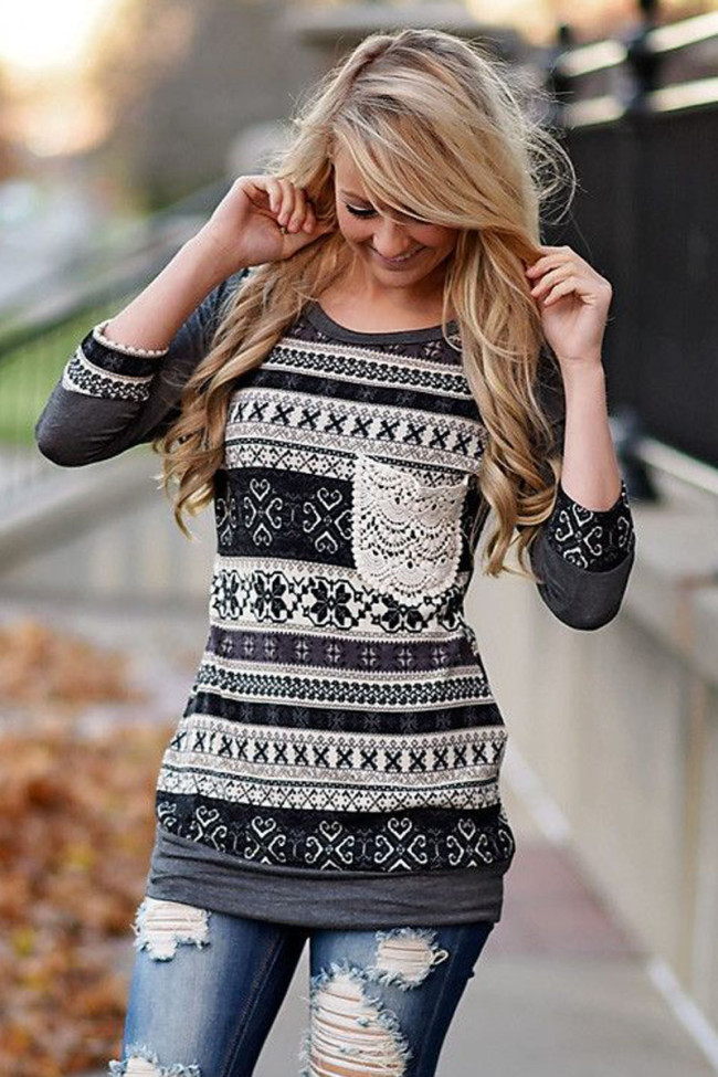 Grey Raglan Sleeve Lace Pocket Detail Printed Top