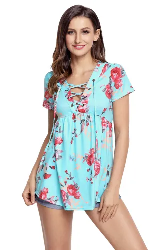 Light Blue Floral Grommet Lace Up V Neck Loose Shirt