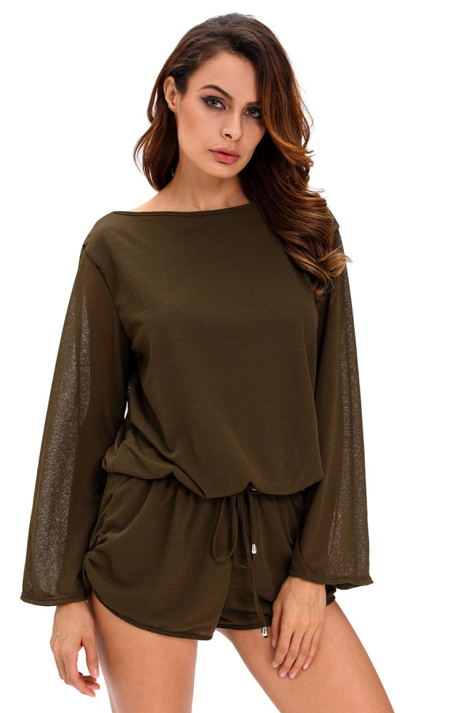 Army Green Oversize Bodice Long Sleeve Hollow-out Back Romper