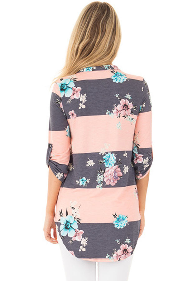 Blush Charcoal Striped Floral Print Split V Neck Tunic