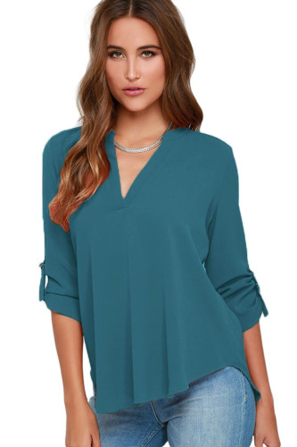 Lake Green V Neck Loose Fitting Chiffon Blouse