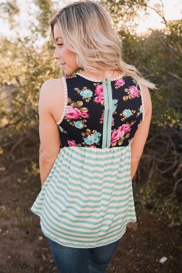 Mint Stripes and Floral Womens Tank