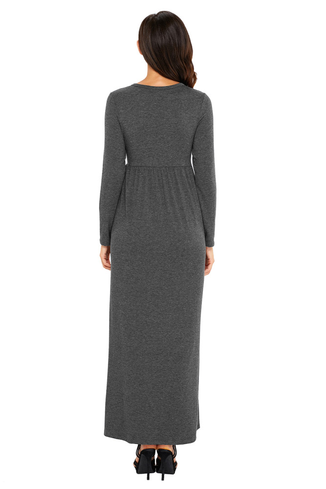 Charcoal Long Sleeve High Waist Maxi Jersey Dress