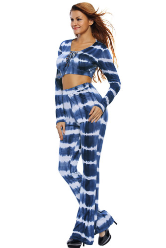 Blue Tie Dye Print Sexy Two Piece Pant Set