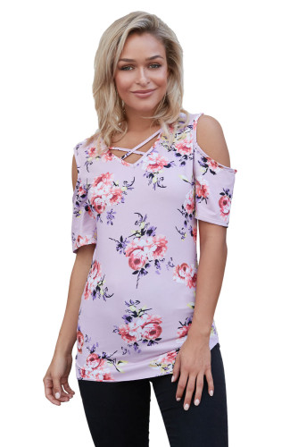 Lavender Floral Print Crisscross Neck Cold Shoulder Top