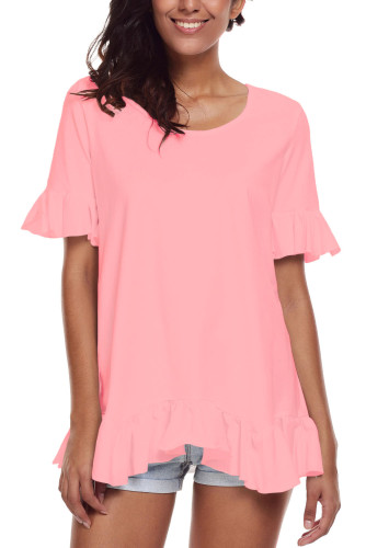 Pink Ruffle Trim Short Sleeve Flowy Top