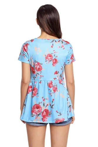 Blue Floral Grommet Lace Up V Neck Loose Shirt