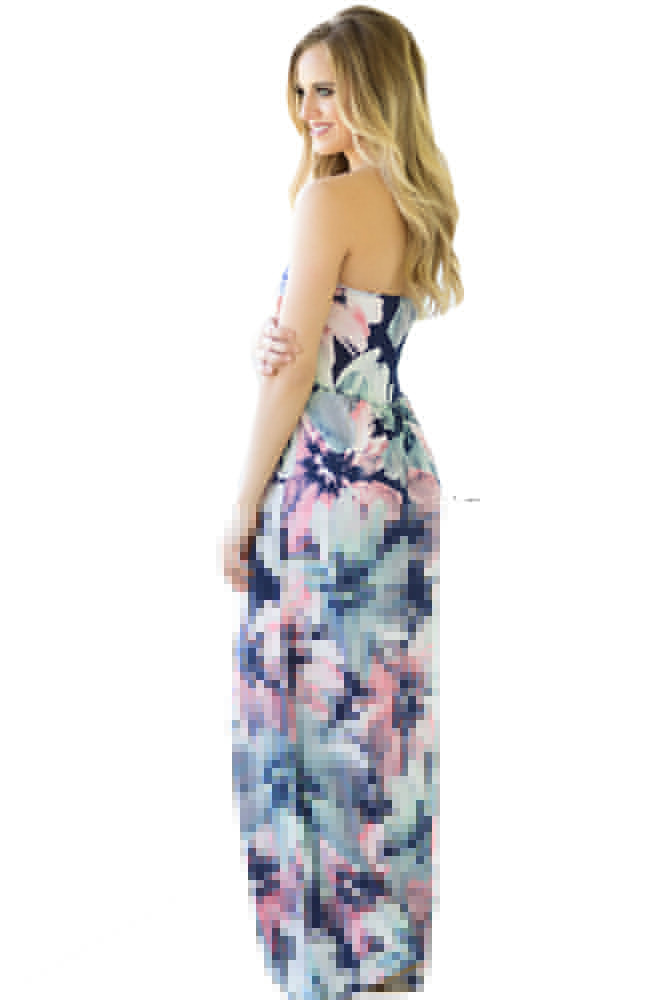 Big Summer Flower Strapless Maxi Dress with Pockets
