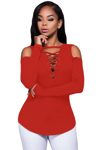 Red Long Sleeve Cut-out Shoulder Ribbed Top