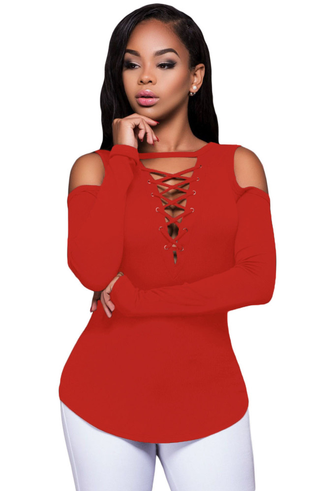 Red Long Sleeve Cut-out Shoulder Ribbed Top