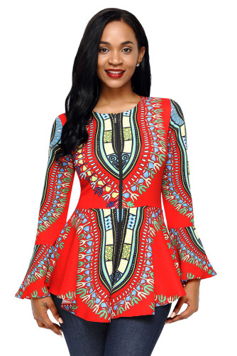 Orange African Print Zipper Front Long Sleeve Top