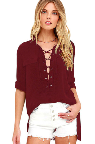 Burgundy Long Sleeve Lace-up Top