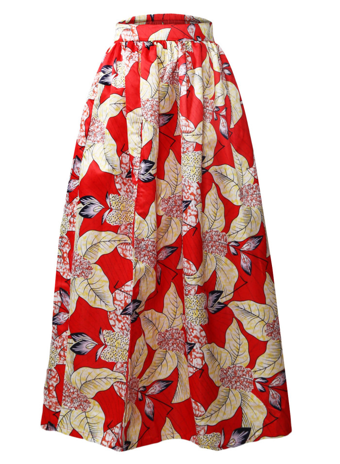 Red Floral Printed High Split Maxi Skirt
