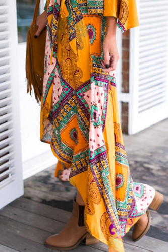 Boho Dream Tie Waist Tribal Print Asymmetrical Maxi Skirt