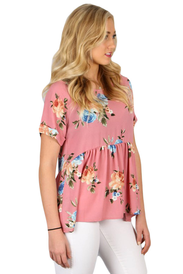 Pink Lace-up Back Floral Ruffle Top