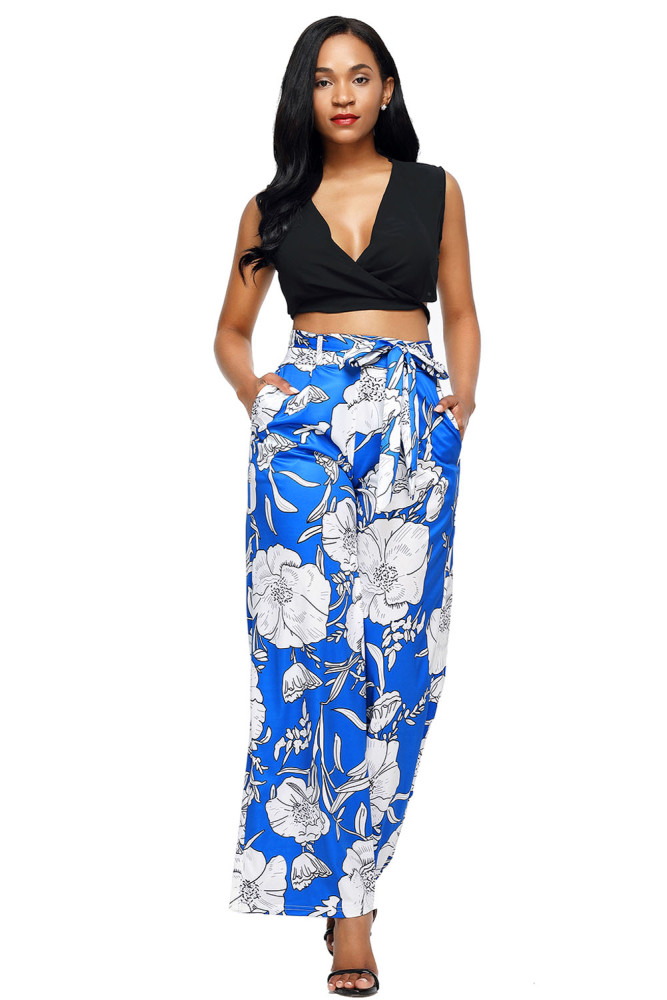 Blue White Floral Print Palazzo Pants