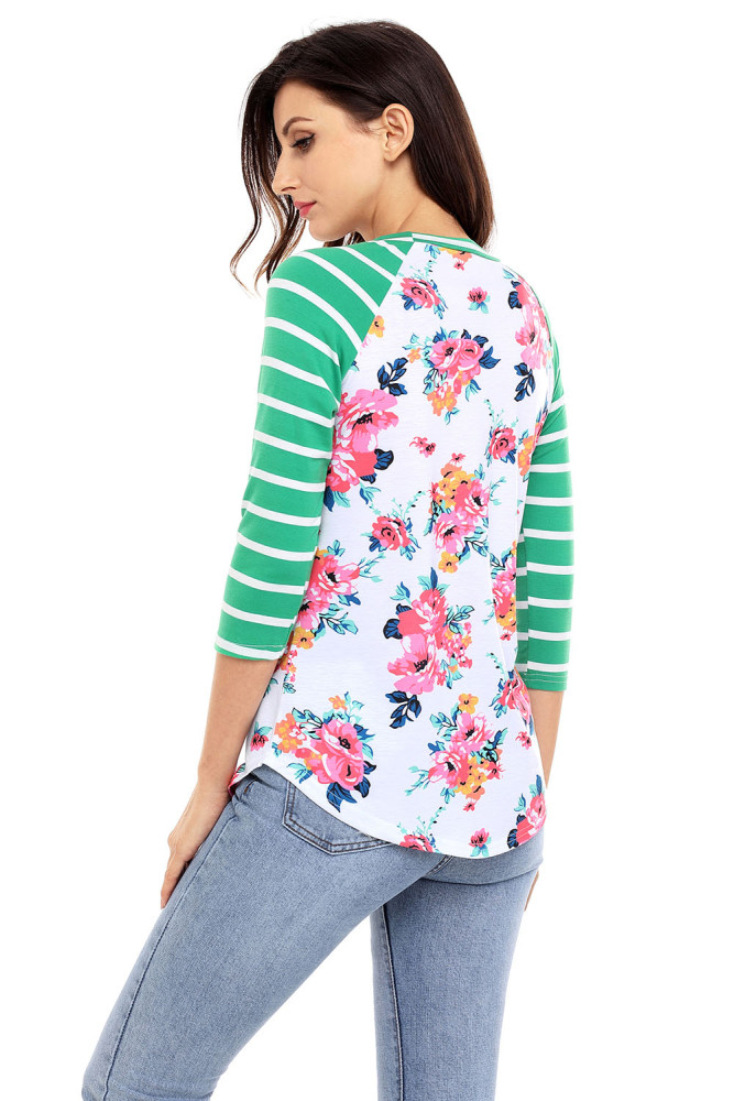 Green Striped Sleeves White Floral Top