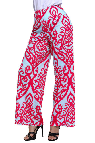 Red Damask Print Blue Palazzo Pants