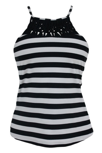 Black White Stripe Print Macrame High Neck Swim Top