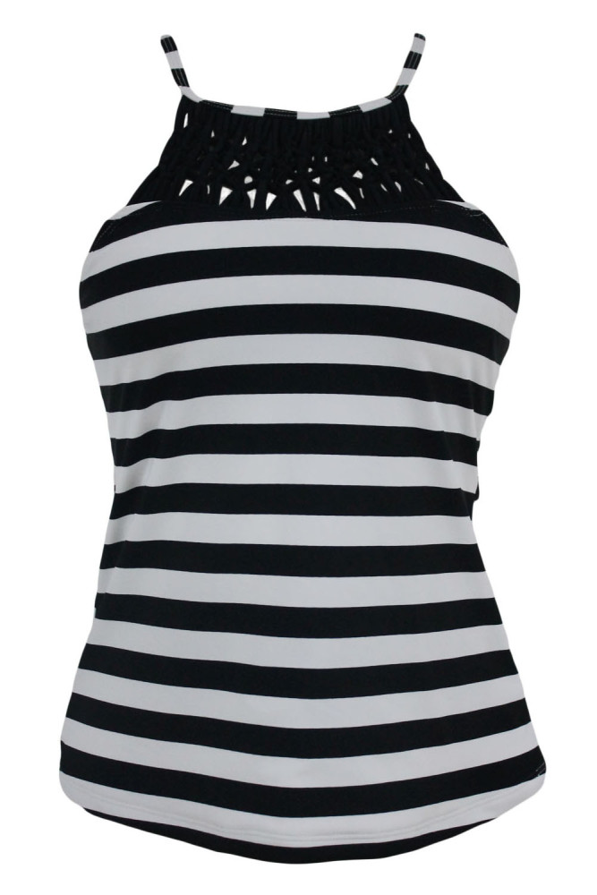 Black White Stripe Print Macrame High Neck Swim Top