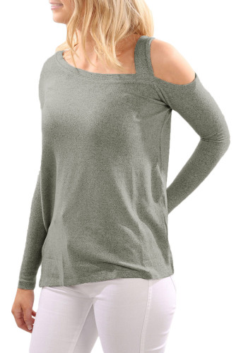 Gray One Shoulder Long Sleeve Top with Slit