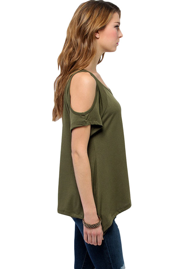 Army Green V Neck Cold Shoulder Swing Top