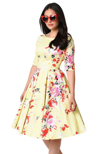 Yellow Vintage Style Floral Half Sleeve Swing Dress