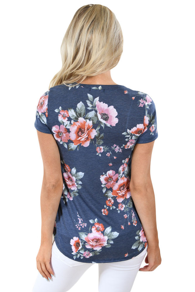 Charcoal Short Sleeve Round Neck Floral Printed Womens T-shirt