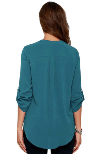 Lake Green V Neck Loose Fitting Chiffon Blouse