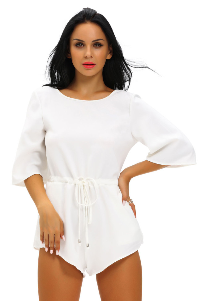 White Drawstring Knot Open Back Romper