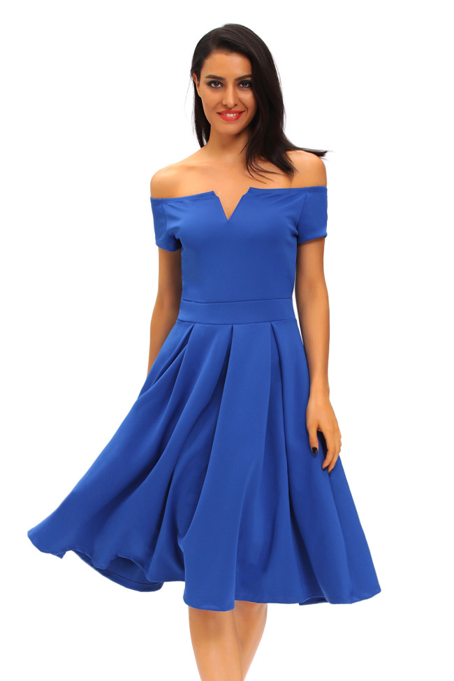Solid Blue Thick Flare Midi Vintage Dress