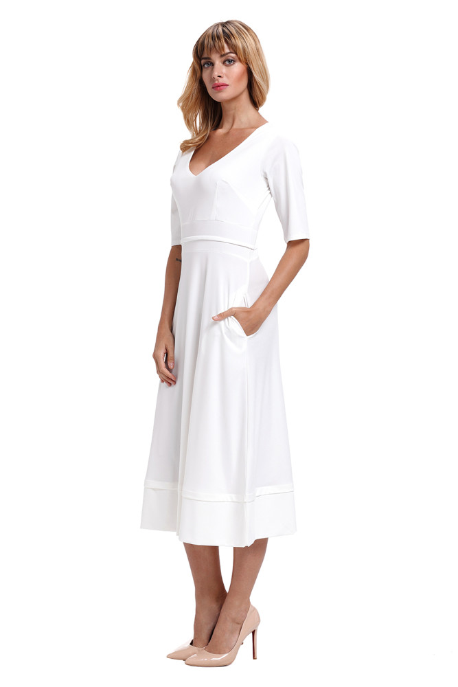 White Half Sleeve V Neck High Waist Flared Dress