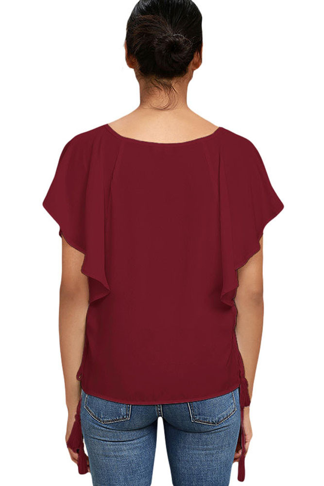 Wine Butterfly Sleeve Top with Tasseled Ties