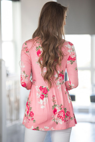Lace Up V Neck Pink Floral Blouse