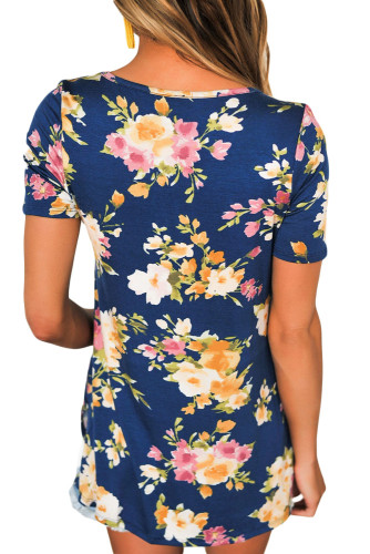 Blue Floral Print Crisscross V Neck Casual Shirt