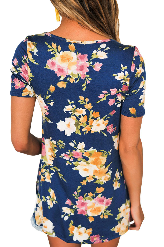 Blue Floral Print Crisscross V Neck Casual Shirt