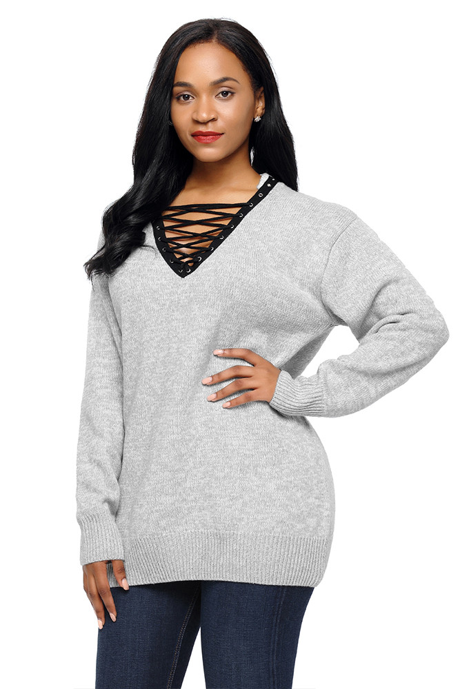 Gray Chic Long Sleeve Sweater with Lace up Neckline