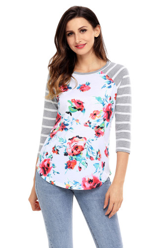 Grey Striped Sleeves Floral Top