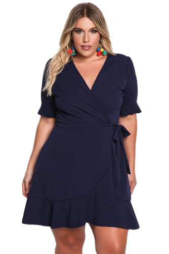 Navy Blue Plus Size Ruffle Surplice Wrap Dress, for Women's 30%