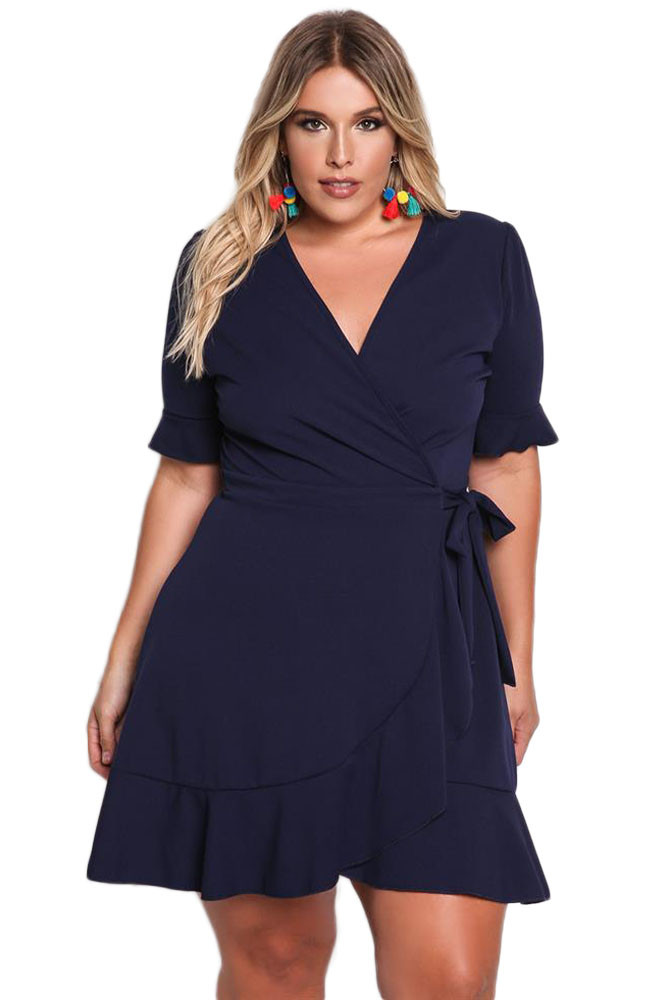 Navy Blue Plus Size Ruffle Surplice Wrap Dress, for Women's 30%
