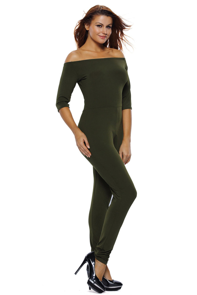 Olive Green Bardot Neckline Fashion Jumpsuit