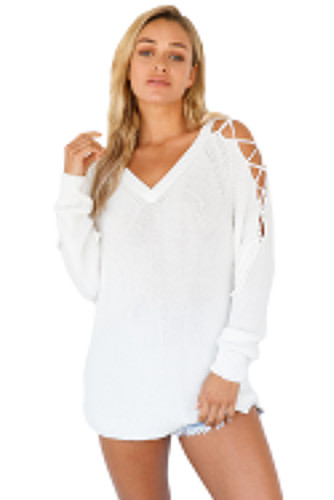 White Lace up Shoulder Loose Fit Sweater Top