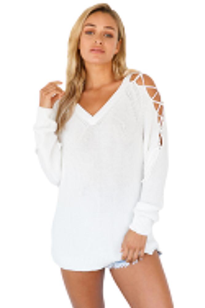 White Lace up Shoulder Loose Fit Sweater Top