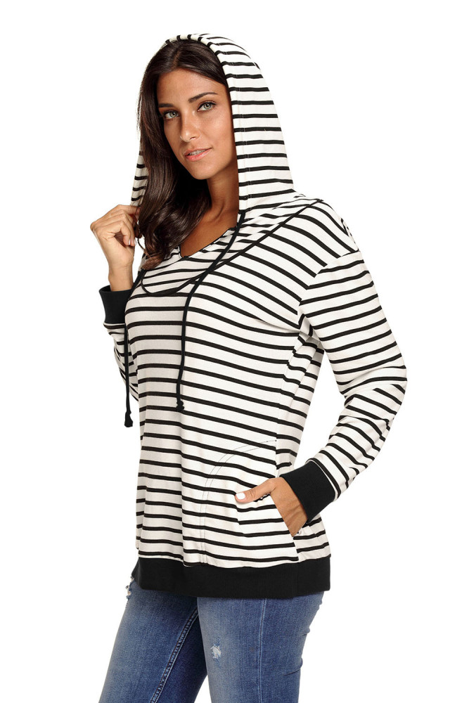 White Black Stripes Women Casual Hoodie